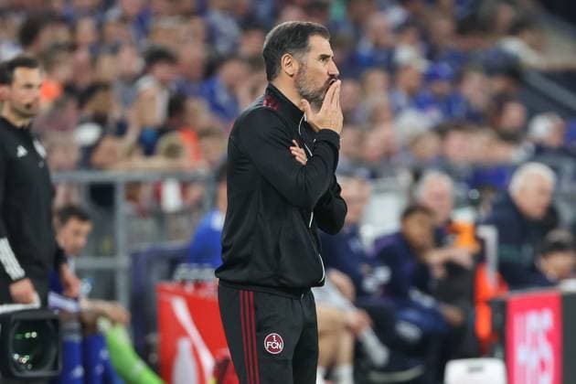 2 Bundesliga FC Schalke 04 1 FC Nuremberg on 13 04 2024 at the Veltins Arena in Schalke Coach Cristian Fiel Nuremberg dissatisfied, disappointed, disappointed, dejected MH