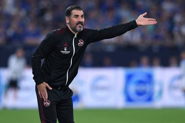 Soccer 2 Bundesliga 29 Matchday FC Schalke 04 1 FC Nuremberg on 13 04 2024 at the Veltins Arena in Gelsenkirchen Cristian Fiel Coach Head Coach Nuremberg DFL regulations prohibit any use of photographs as image sequences and or quasi video xRx