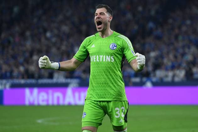 Soccer 2 Bundesliga 29 Matchday FC Schalke 04 1 FC Nürnberg on 13 04 2024 at the Veltins Arena in Gelsenkirchen Marius Müller Schalke jubelt DFL regulations prohibit any use of photographs as image sequences and or quasi video xRx