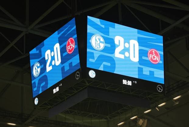 13 04 2024 Soccer Season 2023 2024 2 Soccer Bundesliga 29 Matchday FC Schalke 04 S04 Knappen 1 FC Nürnberg FCN Club Sportfoto Zink DaMa xdaxmax DFL regulations prohibit any use of photographs as image sequences and or quasi video only for editorial use Scoreboard with final score 2 0 for Schalke