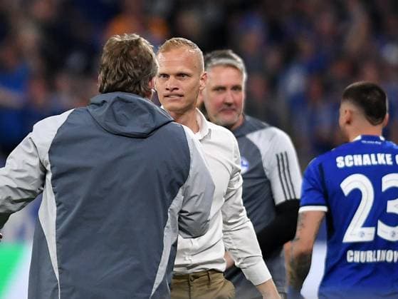13 04 2024, Gelsenkirchen, Germany, VELTINS Arena, FC Schalke 04 vs 1 FC Nuernberg 2 Bundesliga, Coach Karel Geraerts FC Schalke 04 cheers, cheers, cheers at the goal to 2 0 Photo Ralf Treese DFB DFL REGULATIONS PROHIBIT ANY USE OF PHOTOGRAPHS AS IMAGE SEQUENCES AND OR QUASI VIDEO Gelsenkirchen VELTINS Arena North Rhine Westphalia Germany 521_S04FCN20240413_044 Treese-521