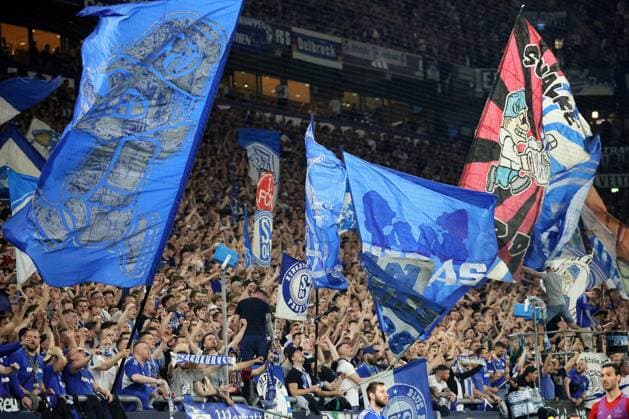 FC Schalke 04 fans celebrate the 2-0 goal by Paul Seguin FC Schalke 04 during the match of the 2 BL season 2023 24 FC Schalke 04 1 FC Nürnberg Copyright Thomas Pakusch