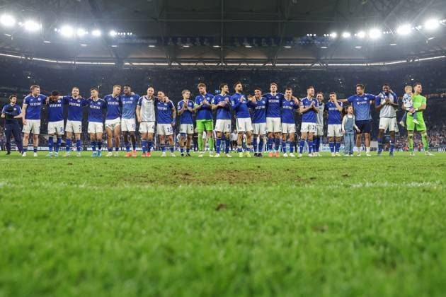 2 Bundesliga FC Schalke 04 1 FC Nürnberg on 13 April 2024 at the Veltins Arena in Schalke Cheers of victory for the Schalke 04 team MH