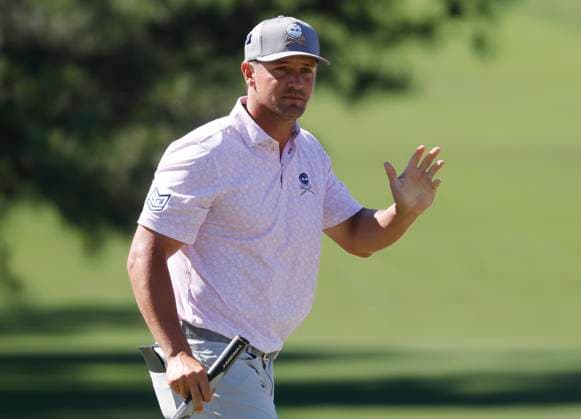 Bryson DeChambeau reacts after putting on the seventh hole during the third round of the Masters Tournament at Augusta National Golf Club in Augusta, Georgia on Saturday, April 13, 2024.  AUG20240413538 TANNENxMAURY