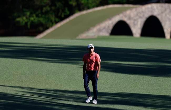 Collin Morikawa reacts after an approach shot on the thirteenth hole during the third round of the Masters Tournament at Augusta National Golf Club in Augusta, Georgia on Saturday, April 13, 2024.  AUG20240413122 JOHNxANGELILLO