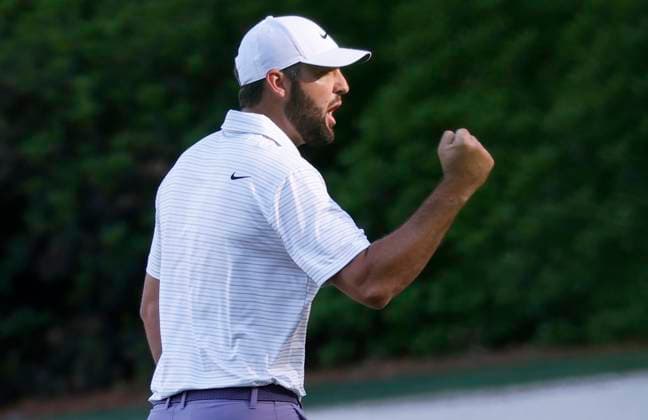 Scottie Scheffler reacts after sinking an eagle putt on the thirteenth hole during the third round of the Masters Tournament at Augusta National Golf Club in Augusta, Georgia on Saturday, April 13, 2024.  AUG20240413134 JOHNxANGELILLO