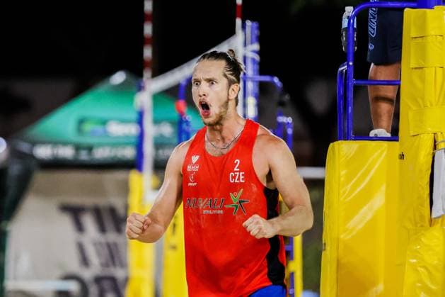 (240414) -- LAGUNA PROVINCE, April 14, 2024 -- Czech Republic s Adam Miroslav Stocek celebrates scoring during the men s quarterfinals match between Toms Liepa Ernests Puskundzis of Latvia and Tomas Semerad Adam Miroslav Stocek of Czech Republic at the Volleyball World Beach Pro Tour Futures in Laguna Province, the Philippines, April 13, 2024. ) (SP)THE PHILIPPINES-LAGUNA PROVINCE Beach volleyball, Beachvolleyball BEACH PRO TOUR FUTURES-QUARTERFINALS ROUELLExUMALI 