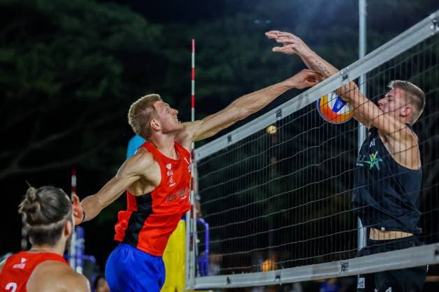 (240414) -- LAGUNA PROVINCE, April 14, 2024 -- Latvia s Toms Liepa (R) competes against Czech Republic s Tomas Semerad during the men s quarterfinals match between Toms Liepa Ernests Puskundzis of Latvia and Tomas Semerad Adam Miroslav Stocek of Czech Republic at the Volleyball World Beach Pro Tour Futures in Laguna Province, the Philippines, April 13, 2024. ) (SP)THE PHILIPPINES-LAGUNA PROVINCE Beach volleyball, Beachvolleyball BEACH PRO TOUR FUTURES-QUARTERFINALS ROUELLExUMALI 