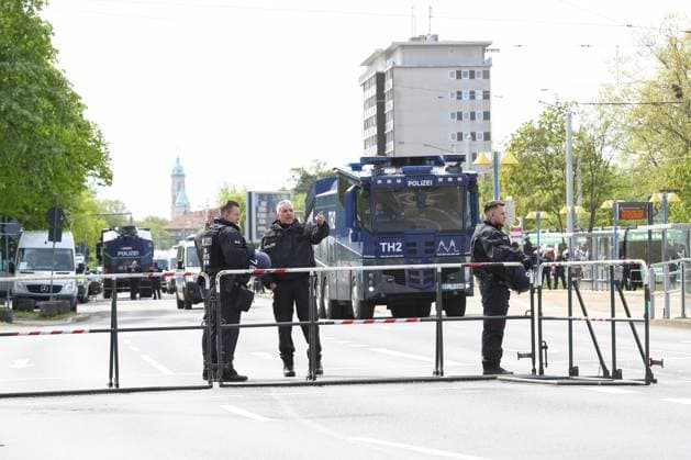 14 04 2024, xtgx, Soccer 2 Bundesliga, Soccer 2 Bundesliga, Eintracht Braunschweig Hannover 96 emspor, v l symbol photo, symbol picture police, policemen, derby, security, water cannon DFL DFB REGULATIONS PROHIBIT ANY USE OF PHOTOGRAPHS as IMAGE SEQUENCES and or QUASI VIDEO Braunschweig