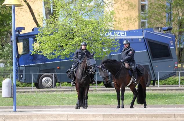 Braunschweig vs Hannover, 2 BL Braunschweig, 14 04 2024, FOOTBALL Eintracht Braunschweig vs Hannover 96, 2 BL, season 2023 24 Police water cannon, the equestrian squadron of the Braunschweig Braunschweig police department
