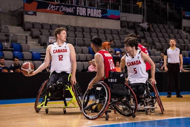 2024 IWBF Mens Repechage Kanda Iran 14 04 2024 Patrick Anderson Canada, 12 on the ball, Mohammad Mohammad Nezhad Iran, 10 , Garrett Ostepchuk Canada, 5 2024 IWBF Mens Repechage Kanda Iran Azur Arena, Antibes Copyright: xBEAUTIFULxSPORTS Wunderlx