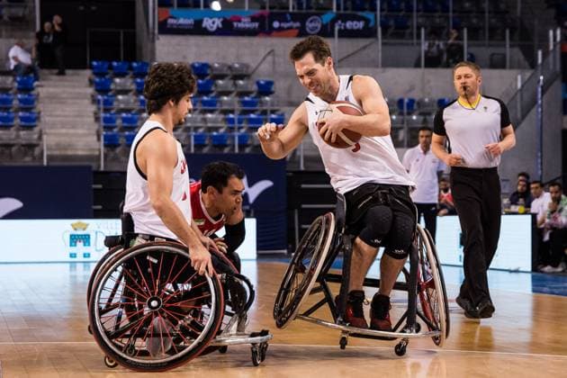2024 IWBF Mens Repechage Kanda Iran 14 04 2024 Garrett Ostepchuk Canada, 5 , Abdoljalil Gharanjik Iran, 14 , Colin Higgins Canada, 9 with ball is fouled 2024 IWBF Mens Repechage Kanda Iran Azur Arena, Antibes Copyright: xBEAUTIFULxSPORTS Wunderlx