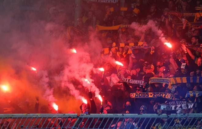 Braunschweig vs Hannover, 2 BL Braunschweig, 14 04 2024, FOOTBALL Eintracht Braunschweig vs Hannover 96, 2 BL, Season 2023 24 Eintracht Braunschweig Fasns ignite Bengalos Braunschweig