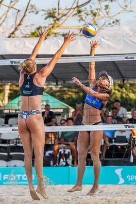 (240414) -- LAGUNA PROVINCE, April 14, 2024 -- Alaina Chacon (R) of the United States spikes the ball during the women s gold medal match between Chenoa Christ Anna-Lena Grune of Germany and Alaina Chacon Mariah Whalen of the United States at the Volleyball World Beach Pro Tour Futures in Laguna Province, the Philippines, April 14, 2024. ) (SP)THE PHILIPPINES-LAGUNA PROVINCE Beach volleyball, Beachvolleyball BEACH PRO TOUR FUTURES-GOLD MEDAL MATCH ROUELLExUMALI 