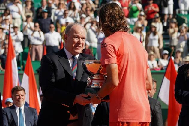 Stefanos Tsitsipas - SAS le prince Albert II de Monaco TENNIS : Monaco Rolex Masters - Finale - Monaco - 14 04 2024 NorbertScanella Panoramic 