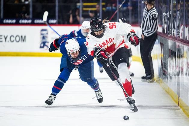 240414 Lacey Eden of USA and Danielle Serdachny of Canada during the 2024 IIHF Women s World Championship final between USA and Canada on April 14, 2024 in Utica Photo Aron Broman BILDBYRAN COP 341 AM0053 ishockey ice hockey vm dam 2024 iihf womens world championship dam vm ishockey vm final usa canada kanada women bbeng  Copyright: ARONxBROMAN BB240414AM095