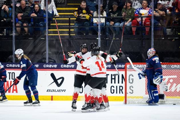 240414 Emily Clark of Canada celebrates scoring 4 4 during the 2024 IIHF Women s World Championship final between USA and Canada on April 14, 2024 in Utica Photo Aron Broman BILDBYRAN COP 341 AM0053 ishockey ice hockey vm dam 2024 iihf womens world championship dam vm ishockey vm final usa canada kanada women bbeng jubel  Copyright: ARONxBROMAN BB240414AM105