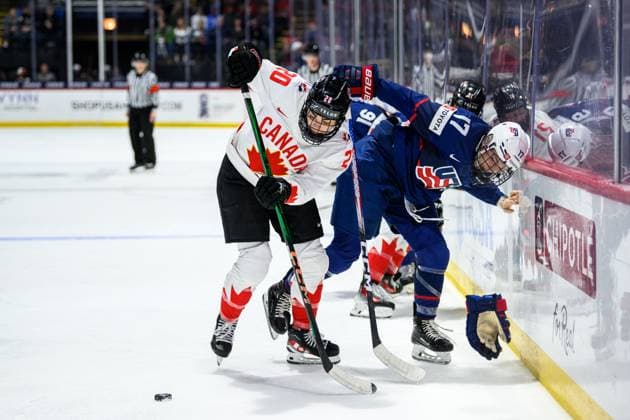 240414 Sarah Nurse of Canada and Kassidy Carmichael of USA during the 2024 IIHF Women s World Championship final between USA and Canada on April 14, 2024 in Utica Photo Aron Broman BILDBYRAN COP 341 AM0053 ishockey ice hockey vm dam 2024 iihf womens world championship dam vm ishockey vm final usa canada kanada women bbeng  Copyright: ARONxBROMAN BB240414AM117
