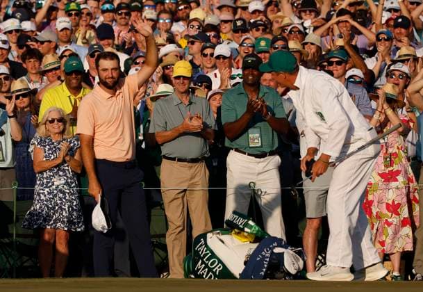 Scottie Scheffler celebrates after winning the Masters tournament at Augusta National Golf Club in Augusta, Georgia on Sunday, April 14, 2024. Scheffler won with a score of 11 under par.  AUG20240414175 JOHNxANGELILLO