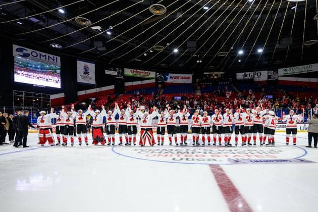 240414 Players of Canada celebrate after the 2024 IIHF Women s World Championship final between USA and Canada on April 14, 2024 in Utica Photo Aron Broman BILDBYRAN COP 341 AM0053 ishockey ice hockey vm dam 2024 iihf womens world championship dam vm ishockey vm final usa canada kanada women bbeng jubel  Copyright: ARONxBROMAN BB240414AM134