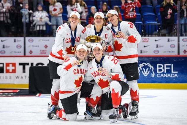 240414 Top row from left to right, Laura Stacey, Marie Philip Poulin and Emily Clark of Canada, bottom row from left to right, Emma Maltais and Jaime Bourbonnais of Canada celebrate after the 2024 IIHF Women s World Championship final between USA and Canada on April 14, 2024 in Utica Photo Aron Broman BILDBYRAN COP 341 AM0053 ishockey ice hockey vm dam 2024 iihf womens world championship dam vm ishockey vm final usa canada kanada women bbeng jubel  Copyright: ARONxBROMAN BB240414AM145