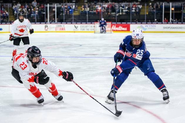 240414 Erin Ambrose of Canada and Alex Carpenter of USA during the 2024 IIHF Women s World Championship final between USA and Canada on April 14, 2024 in Utica Photo Aron Broman BILDBYRAN COP 341 AM0053 ishockey ice hockey vm dam 2024 iihf womens world championship dam vm ishockey vm final usa canada kanada women bbeng  Copyright: ARONxBROMAN BB240414AM204