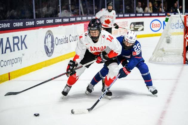 240414 Renata Fast of Canada and Kendall Coyne Schofield of USA during the 2024 IIHF Women s World Championship final between USA and Canada on April 14, 2024 in Utica Photo Aron Broman BILDBYRAN COP 341 AM0053 ishockey ice hockey vm dam 2024 iihf womens world championship dam vm ishockey vm final usa canada kanada women bbeng  Copyright: ARONxBROMAN BB240414AM213