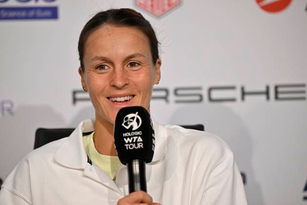 Tatjana Maria GER in interview Microphone Micro Logo WTA Tennis Ladies Porsche Cup Porsche Tennis Grand Prix GP Stuttgart 2024 Porsche Arena 15 04 2023 DFL REGULATIONS PROHIBIT ANY USE OF PHOTOGRAPHS AS IMAGE SEQUENCES AND OR QUASI VIDEO Porsche Tennis Grand Prix GP Stuttgart 2024