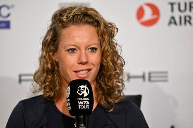 Laura Siegemund GER in interview Microphone Micro Logo WTA Tennis Ladies Porsche Cup Porsche Tennis Grand Prix GP Stuttgart 2024 Porsche Arena 15 04 2023 DFL REGULATIONS PROHIBIT ANY USE OF PHOTOGRAPHS AS IMAGE SEQUENCES AND OR QUASI VIDEO Porsche Tennis Grand Prix GP Stuttgart 2024