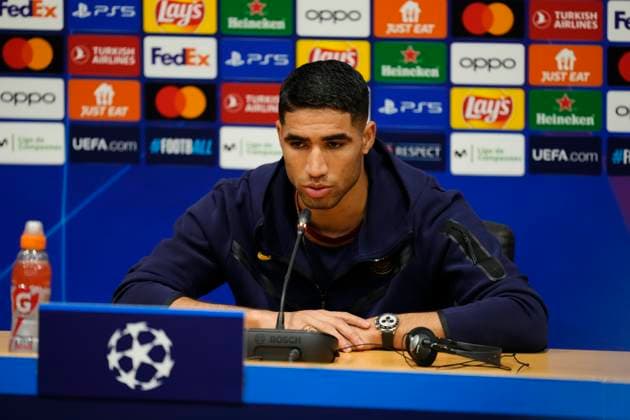 Paris Saint-Germain Training Session And press conference, PK, Pressekonferenz - UEFA Champions League 2023 24 Achraf Hakimi right-back of PSG and Morocco during the press conference before the UEFA Champions League quarter-final second leg match between FC Barcelona, Barca and Paris Saint-Germain at Estadi Olimpic Lluis Companys on April 15, 2024 in Barcelona, Spain. Barcelona Spain  Copyright: xJosexBretonx originalFilename:breton-parissai240415_nptTE.jpg