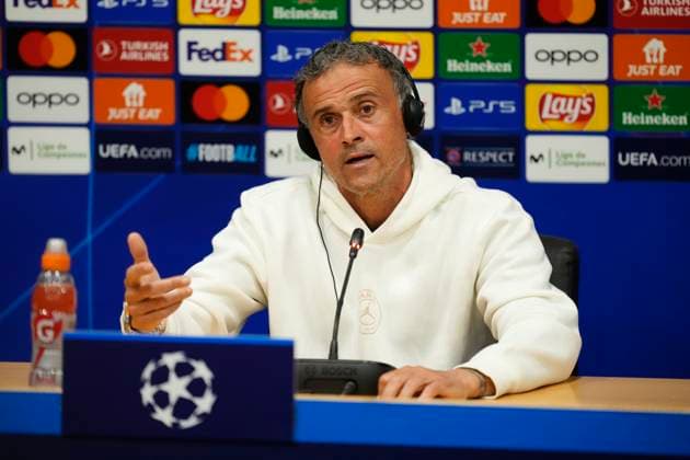 Paris Saint-Germain Training Session And press conference, PK, Pressekonferenz - UEFA Champions League 2023 24 Luis Enrique head coach of PSG during the press conference before the UEFA Champions League quarter-final second leg match between FC Barcelona, Barca and Paris Saint-Germain at Estadi Olimpic Lluis Companys on April 15, 2024 in Barcelona, Spain. Barcelona Spain  Copyright: xJosexBretonx originalFilename:breton-parissai240415_npdyJ.jpg