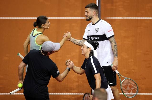 15 04 2024, Germany, Stuttgart, Porsche Tennis Grand Prix 2024, show tournament, doubles, right Fabian Bredlow VfB