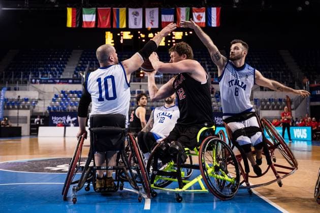 2024 IWBF Mens Repechage Italy Kanda 15 04 2024 Dimitri Tanghe Italy, 10 , Patrick Anderson Canada, 12 in the throw, Andrea Giaretti Italy, 8 on a wheel in the block 2024 IWBF Mens Repechage Italy Kanda Azur Arena, Antibes Copyright: xBEAUTIFULxSPORTS Wunderlx