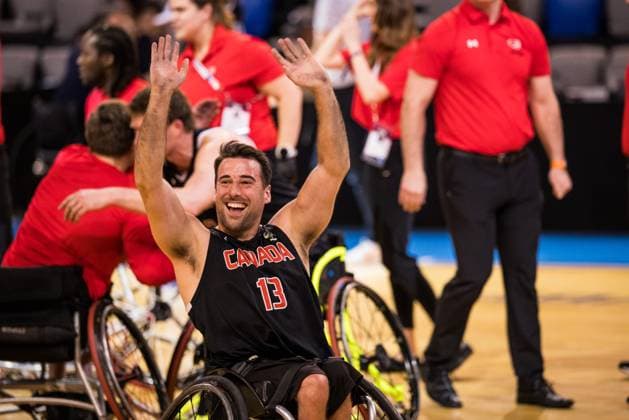 2024 IWBF Mens Repechage Italy Kanda 15 04 2024 Canadians cheer after victory against Italy Jonathan Vermette Canada, 13 waves towards fans 2024 IWBF Mens Repechage Italy Kanda Azur Arena, Antibes Copyright: xBEAUTIFULxSPORTS Wunderlx