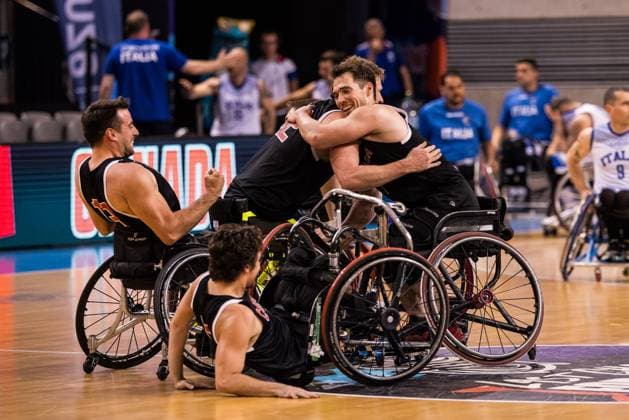 2024 IWBF Mens Repechage Italy Kanda 15 04 2024 Canadians cheer after victory against Italy Patrick Anderson Canada, 12 , Colin Higgins Canada, 9 2024 IWBF Mens Repechage Italy Kanda Azur Arena, Antibes Copyright: xBEAUTIFULxSPORTS Wunderlx