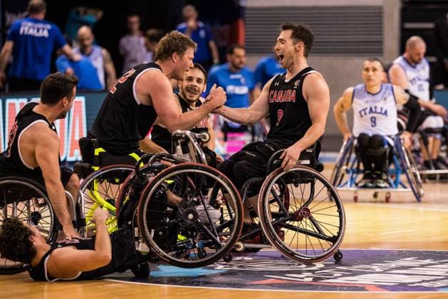 2024 IWBF Mens Repechage Italy Kanda 15 04 2024 Canadians cheer after victory against Italy Patrick Anderson Canada, 12 , Colin Higgins Canada, 9 2024 IWBF Mens Repechage Italy Kanda Azur Arena, Antibes Copyright: xBEAUTIFULxSPORTS Wunderlx