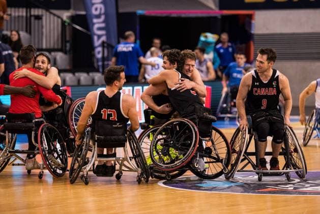 2024 IWBF Mens Repechage Italy Kanda 15 04 2024 Canadians cheer after the win against Italy Patrick Anderson Canada, 12 and Garrett Ostepchuk Canada, 5 hug each other 2024 IWBF Mens Repechage Italy Kanda Azur Arena, Antibes Copyright: xBEAUTIFULxSPORTS Wunderlx