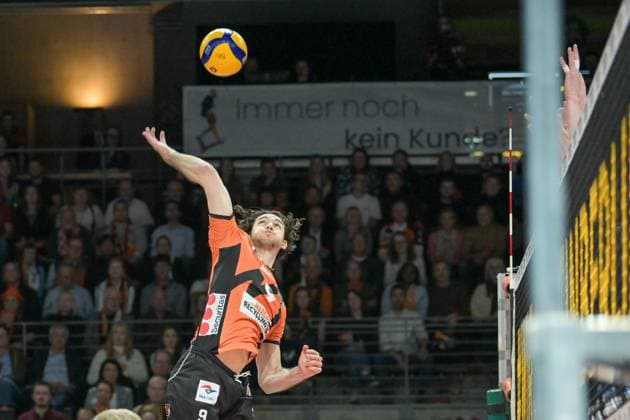 Berlin, Germany 15 April 2024 1 VBL 2023 2024 Final Sp 1 Berlin Recycling Volleys vs VfB Friedrichshafen In the picture Timothee Carle BR Volleys in attack Copyright: xFotostandx xReuhlx