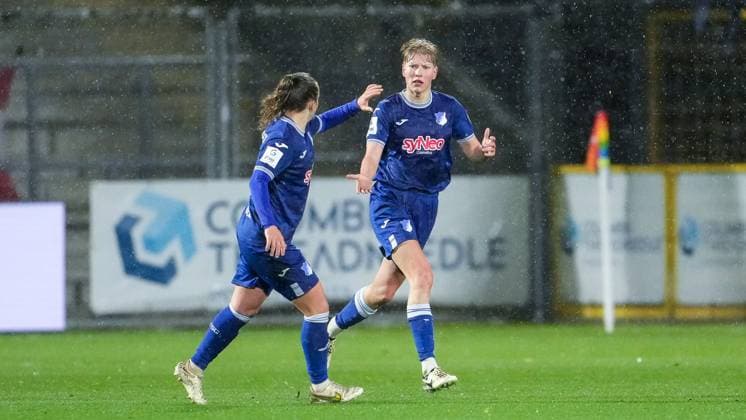 from left Michaela Specht TSG, 6 , goal scorer Paulina Krumbiegel TSG, 8 , players of TSG 1899 Hoffenheim, cheer about the goal to 1 1, jubilation, goal celebration, celebrate the goal, goal, celebration, jubilation about the goal, optimistic, match scene, highlight, action, action, 15 04 2024, Sinsheim Hoffenheim Germany , football, Google Pixel Women Bundesliga, TSG 1899 Hoffenheim 1 FC Köln, DFB DFL REGULATIONS PROHIBIT ANY USE OF PHOTOGRAPHS AS IMAGE SEQUENCES AND OR QUASI VIDEO xozx