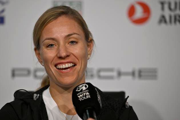 Angelique Kerber GER in interview Microphone Micro Logo Tennis Ladies Porsche Cup Porsche Tennis Grand Prix GP Stuttgart 2024 Porsche Arena 16 04 2024 DFL REGULATIONS PROHIBIT ANY USE OF PHOTOGRAPHS AS IMAGE SEQUENCES AND OR QUASI VIDEO Porsche Tennis Grand Prix GP Stuttgart 2024