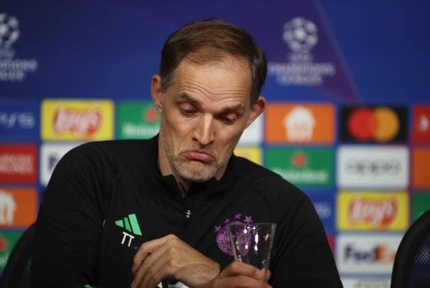 Munich, Germany 16 April 2024 Football, Men, UEFA Champions League, Season 2023 2024, FC Bayern Munich, Press conference Here in the picture Thomas Tuchel, coach FC Bayern Munich head, portrait at the press conference, corners of the mouth twisted, facial expression, facial expression, disappointed, thoughtful