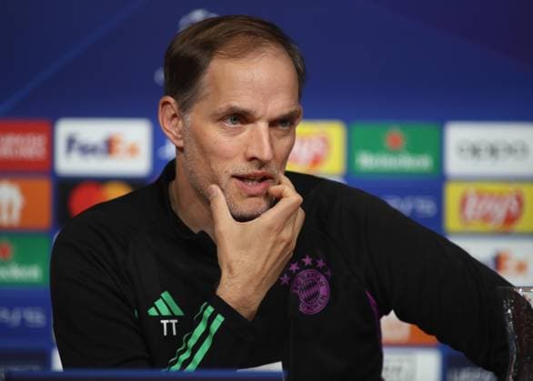 Munich, Germany 16 April 2024 Football, Men, UEFA Champions League, Season 2023 2024, FC Bayern Munich, Press conference Here in the picture Thomas Tuchel, coach FC Bayern Munich head, portrait at the press conference, with his hand on his chin
