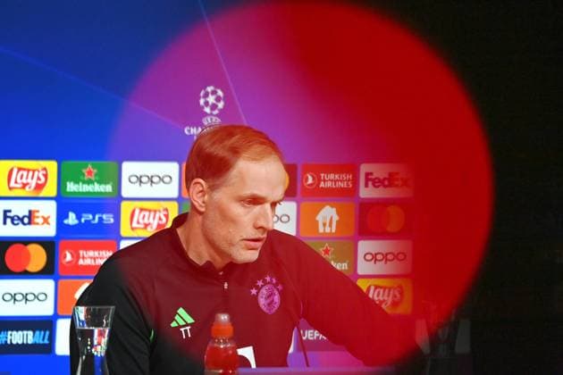 Coach Thomas TUCHEL Bayern Muenchen behind red light, single image, cropped single motif, portrait, portrait, portrait press conference on 16 04 2024 before the Champions League quarterfinal FC Bayern Muenchen Arsenal London on 17 04 2024, A L L I A N Z A R E N A Â