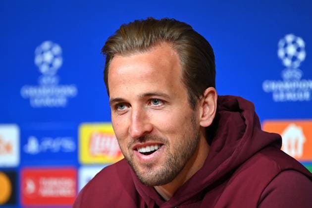 Harry KANE Bayern Muenchen , single picture,cropped single motif,portrait,portrait,portrait press conference on 16 04 2024 before the football Champions League quarterfinal FC Bayern Muenchen Arsenal London on 17 04 2024, A L L I A N Z A R E N A Â