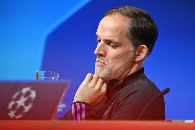 Coach Thomas TUCHEL Bayern Muenchen , single picture,cropped single motif,portrait,portrait,portrait press conference on 16 04 2024 before the football Champions League quarterfinal FC Bayern Muenchen Arsenal London on 17 04 2024, A L L I A N Z A R E N A Â