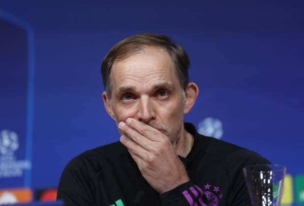 Munich, Germany 16 April 2024 Football, Men, UEFA Champions League, Season 2023 2024, FC Bayern Munich, Press conference Here in the picture Thomas Tuchel, coach FC Bayern Munich head, portrait with his hand in front of his mouth, thinking, pensive at the press conference