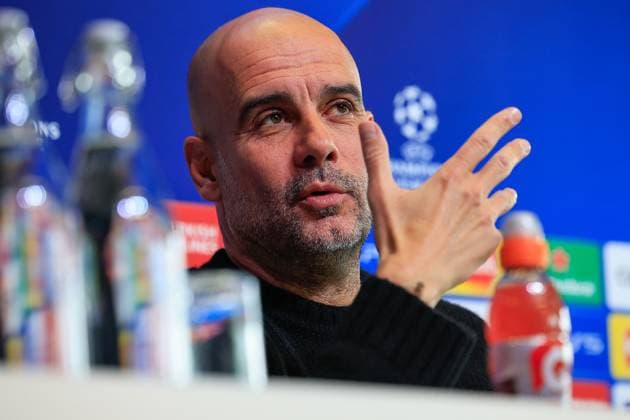 Manchester City 16 04 2024. Press and Training Pep Guardiola during the press conference, PK, Pressekonferenz training session for Manchester City ahead of the Champions League match against Real Madrid at the Joie Stadium, Manchester, United Kingdom on 16 April 2024. Manchester Joie Stadium Gt Manchester United, ManU Kingdom Editorial use only , Copyright: xConorxMolloyx PSI-19471-0050