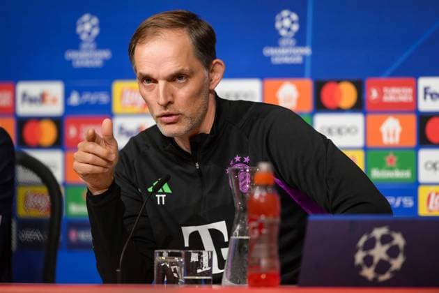Soccer, UEFA Champions League, 20240416, Press conference FC Bayern Munich FC Arsenal In the picture Coach of FC Bayern Munich Thomas TUCHEL explains talks points index finger Munich Allianz Arena Bayern Germany Copyright: Passion2Press MarkusxFischerx