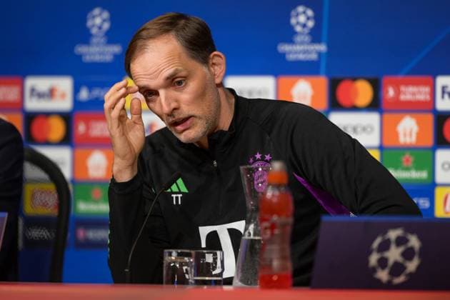 Soccer, UEFA Champions League, 20240416, Press conference FC Bayern Munich FC Arsenal In the picture Coach of FC Bayern Munich Thomas TUCHEL hand to eyebrow explains talks gestures Mimig Munich Allianz Arena Bayern Germany Copyright: Passion2Press MarkusxFischerx
