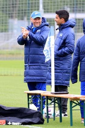 DEU, DFL, 2 FBL Hertha BSC, Training, 16 04 2024, Sportforum, Berlin, DEU, DFL, 2 FBL Hertha BSC, Training, in the picture Head Coach Pal Dardai Hertha BSC Berlin , Co Coach Admir Hamzagic Hertha BSC Berlin , Head of Team Management Sami Allagui Hertha BSC DFL regulations prohibit any use of Photographs as image sequences and or quasi video Foto Juergen Engler nordphoto GmbH nordphotoxGmbHx xEngler nph00076